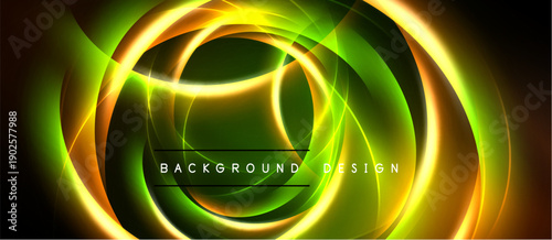 Abstract neon swirls, vibrant green, yellow hues. Central text reads background design. Dark backdrop enhances luminosity.