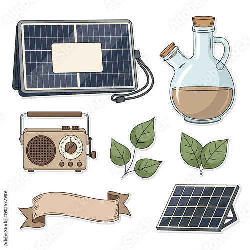 A charming collection of items for an eco-friendly or off-grid lifestyle, featuring a portable solar panel, a vintage radio, a glass oil bottle, and green leaves.
