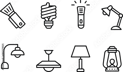 Minimal black line lighting icons set with flashlight bulbs lamps lantern ceiling desk lights isolated vector illustration for modern design