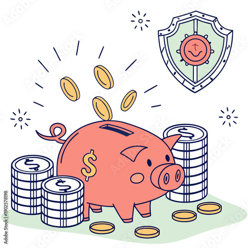 Pink piggy bank with coins and shield representing economic stability