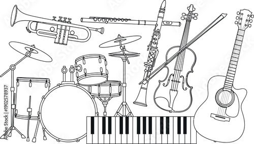 Collection of various black and white outline musical instruments including a drum set, guitar, violin, trumpet, clarinet, flute, and keyboard for design projects