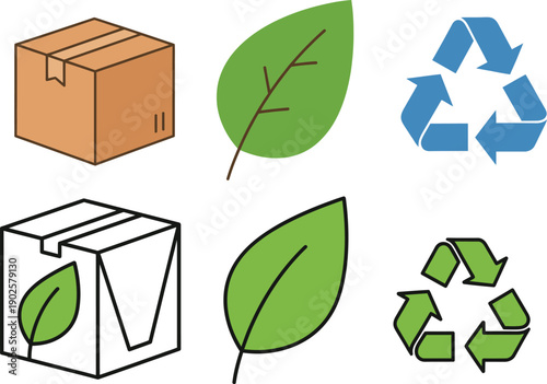 Recycling and eco-friendly shipping box icons with green leaves representing sustainability and environmental care