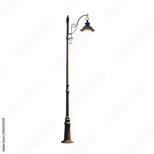 Vintage style street lamp post with curved arm and light on transparent background for design transparent background