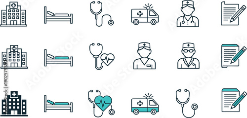 Vector illustration of healthcare icons—symbols for hospital services, medical staff, patient care, ambulance support, stethoscope tools, and clinical documentation