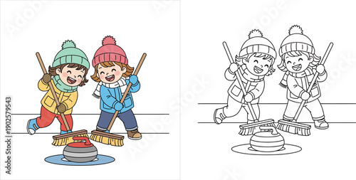 Two happy kids sweeping ice playing curling winter sport coloring book page vector illustration