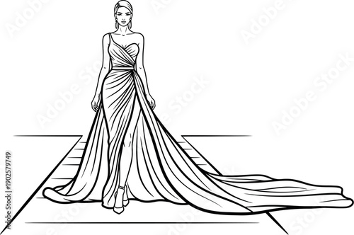 Elegant fashion model silhouette walking down a runway showcasing a long flowing draped evening gown with a dramatic train for coloring activities and design inspiration
