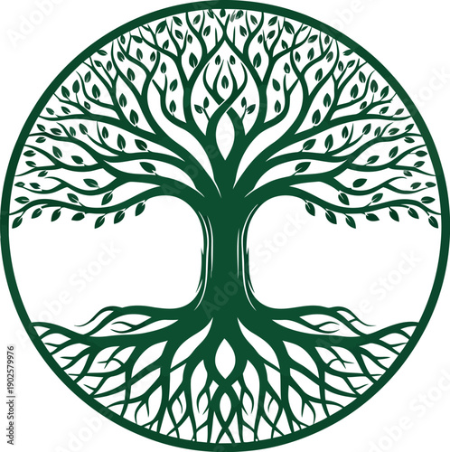 Stylized deep green illustration of the ancient tree of life enclosed within a perfect circular border symbolizing eternal connection and profound wisdom for graphic design projects.