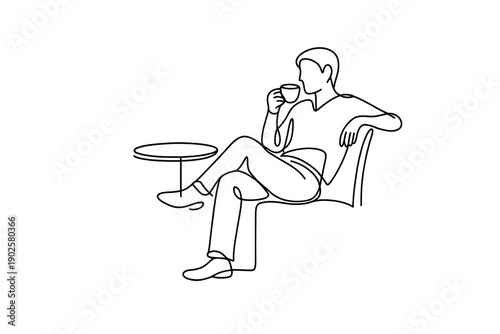 Cozy cafe pause. Minimalistic one-line drawing seated figure enjoying a quiet cafe pause with coffee cup and
