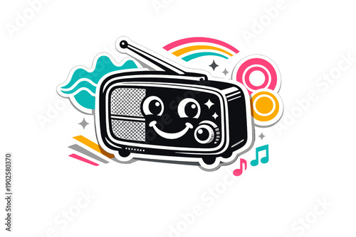 Surreal graphic collage depicting a black-and-white retro tabletop radio stylized as a sticker icon with
