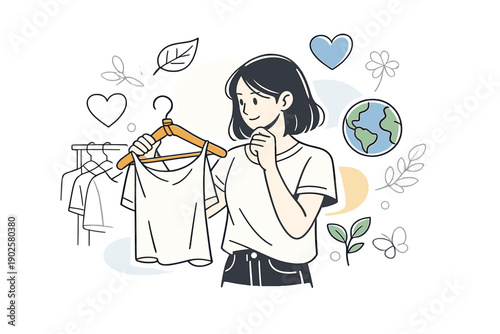Eco-conscious style. Person choosing clothes thoughtfully, holding a hanger made of natural materials, calm