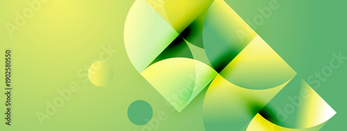 Abstract composition featuring overlapping curved shapes. Gradient shades of green, yellow create dynamic visual effect. Minimalist design.