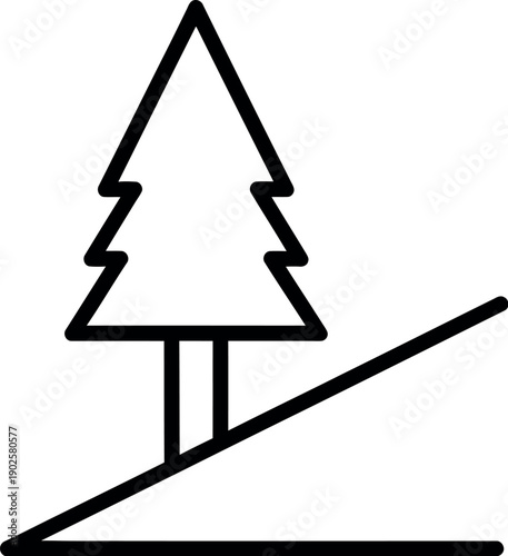 Minimalist black line icon representing a stylized evergreen tree standing alone upon an inclined grassy slope or abstract landscape feature indicating nature.