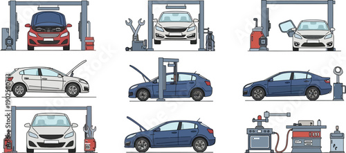 Vector car service and maintenance illustrations set