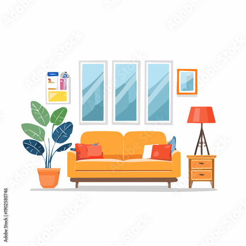 Modern Living Room With Orange Sofa, Plants And Artwork On Wall