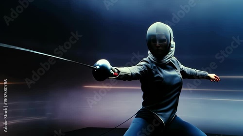 Woman fencer executing a lunge with sword in motion blur against a dark background, showcasing sport and skill