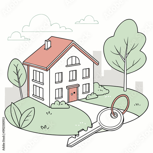 White house with red roof and door on green lawn with key