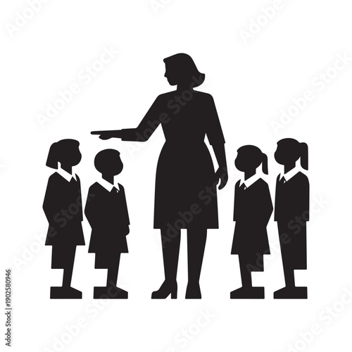 Professional Female Teacher Pointing and Leading Group of Young Students Silhouette.