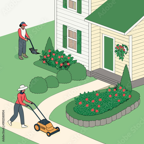 Two people gardening and mowing lawn in front of house