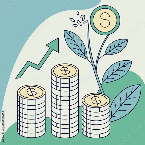 Stacked coins with growing plant and dollar sign growth