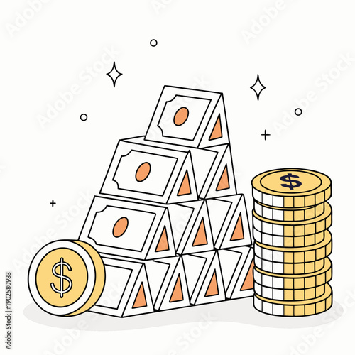 Stacked money bills and coins with dollar signs