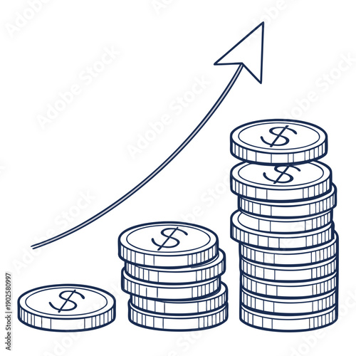 Stacks of dollar coins with growing graph arrow dollars