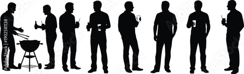 Vector Illustration Set of Men Silhouette Having Barbecue Party and Drinking for Summer Celebration Outdoor Event and Social Gathering Designs