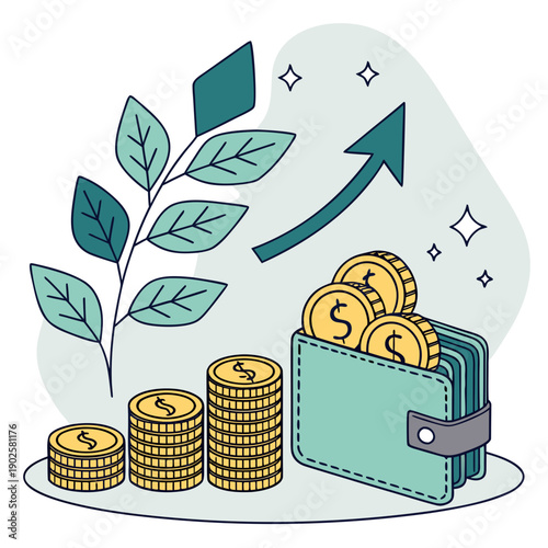 Teal wallet with gold coins and growing plant with upward arrow