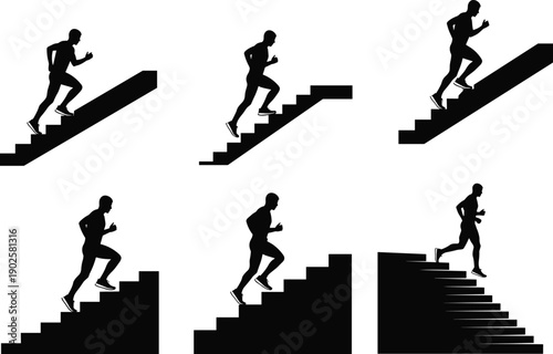 Set of Black Silhouette Vector Illustrations Featuring Six Men Running Up and Down Stairs for Fitness Success Achievement and Motivation Designs
