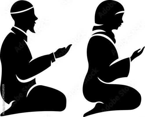 Muslim couple praying in black silhouette
