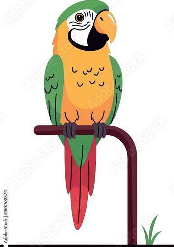Adorable cartoon illustration of a vibrant green and yellow macaw parrot perched calmly upon a simple brown stand against a light cream background suggesting tropical life.