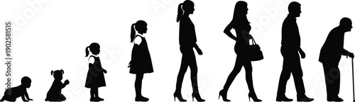 Black Silhouette Vector Illustration of Human Life Cycle From Infancy Childhood Youth Adulthood and Old Age for Growth and Aging Designs