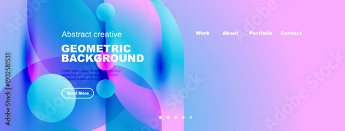 Modern website header design. Fluid shapes, vibrant colors, text overlay, navigation menu present. Clean, professional aesthetic.