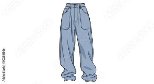 Women's Baggy High-Waisted Jeans Illustration Vector Graphic with Large Front Patch Pockets and Light Blue Denim Wash