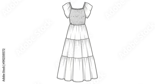 Women's Smocked Tiered Maxi Dress Technical Flat Sketch Vector Template with Puff Sleeves and Ruffle Hem