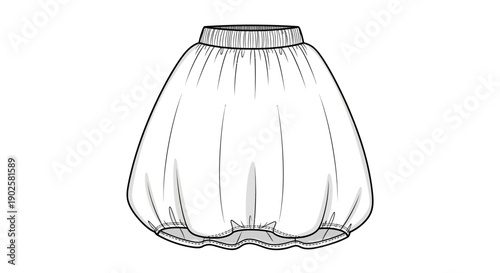 Women's Mini Bubble Skirt Technical Flat Sketch Vector Template with Elastic Waistband and Voluminous Puff Silhouette
