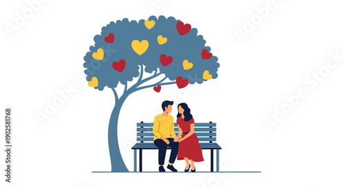 Romantic Couple Sitting on Park Bench Under Decorative Tree with Heart Shaped Leaves Illustration