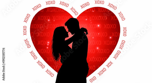 Romantic Silhouette of Young Couple Embracing in Front of a Large Red Glowing Heart with XOXO Pattern Background