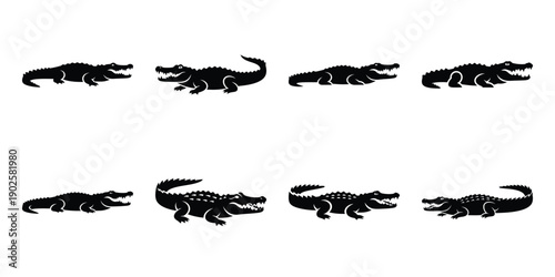 Set of silhouette alligator in various poses isolated on background. Animal Vector elements for design.