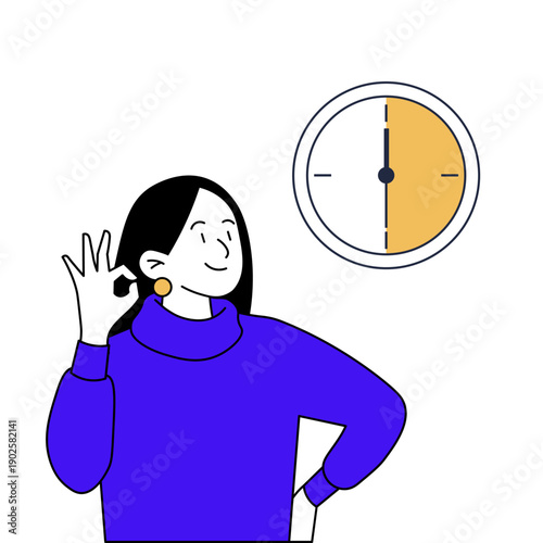Minimal flat illustration of a woman making an OK gesture next to a clock. Concept of time management, productivity, part time work and work-life balance. Modern vector style on white background.