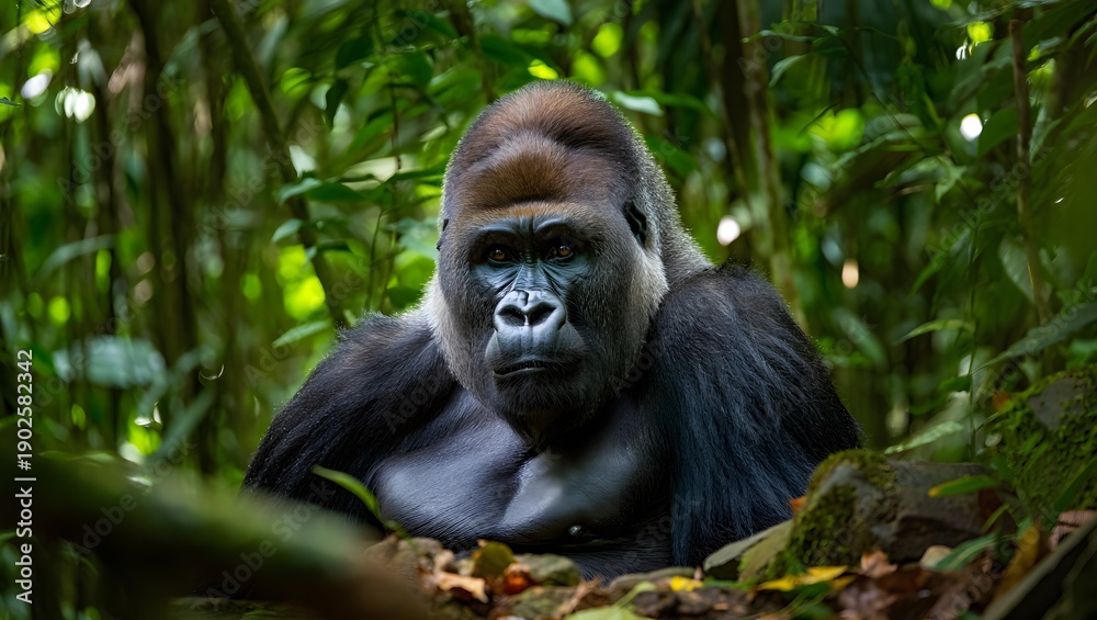 Obraz premium Majestic gorilla gazes intensely from lush jungle surroundings