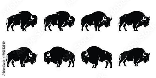 Set of silhouette buffalo in various poses isolated on background. Animal Vector elements for design.
