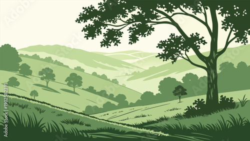 Green Mountain Valley Landscape Vector.