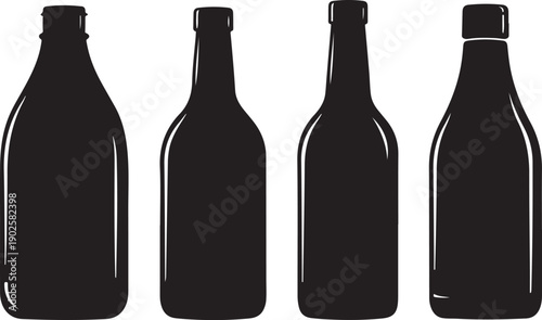 Bottle silhouettes quartet glass contour vector set for packaging labels