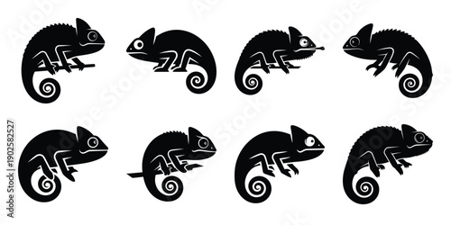 Set of silhouette chameleon in various poses isolated on background. Animal Vector elements for design.