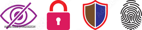 Cyber security icons set with fingerprint biometrics lock shield and hidden eye
