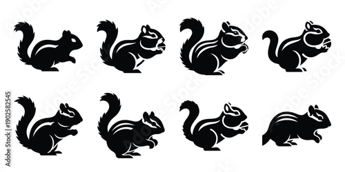 Set of silhouette chipmunk in various poses isolated on background. Animal Vector elements for design.