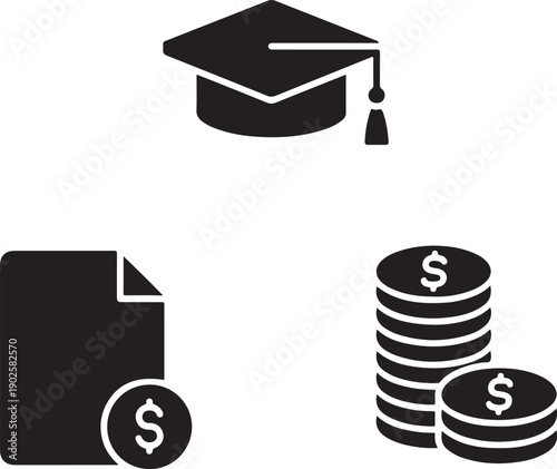 Education finance icons document coins graduation cap vector set for web
