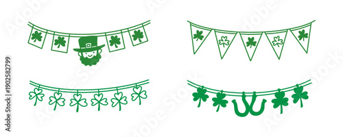 Patrick's Day pennants set. St. Patrick's Day green bunting garlands set with leprechaun, shamrock clovers and horseshoes. Vector line art illustration for festive decoration and Irish party design.