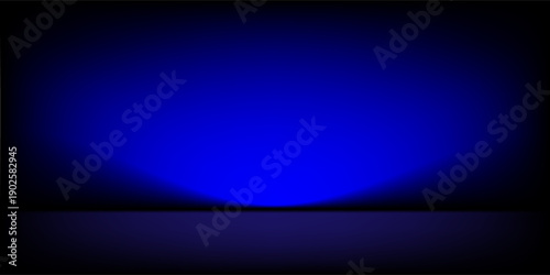 Blue studio gradient background. Abstract empty room backdrop. 3d vector cool light texture. Luxury neon lights limbo bg. Dark festive color bg. Modern photo studio spotlight glow podium gradation