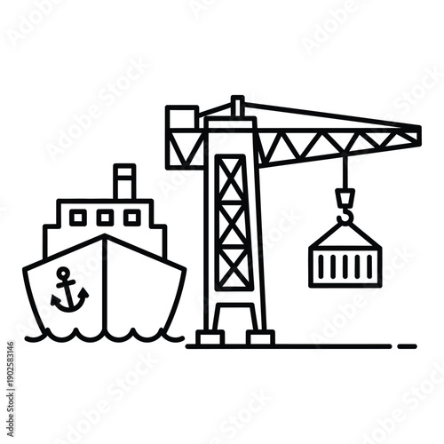 Cargo ship unloading containers with large port crane illustration for industrial shipping and logistics design